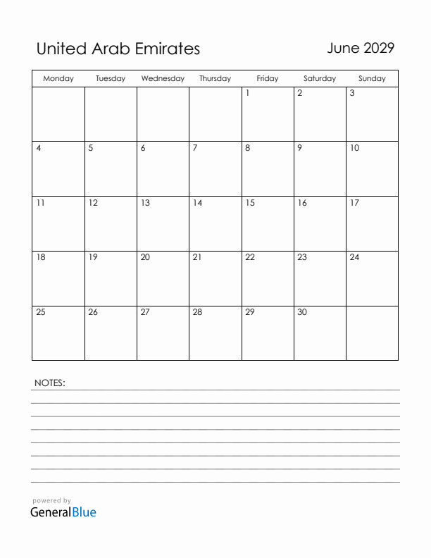 June 2029 United Arab Emirates Calendar with Holidays (Monday Start)