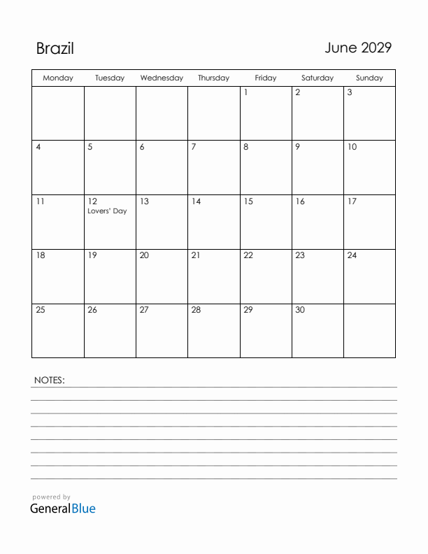 June 2029 Brazil Calendar with Holidays (Monday Start)