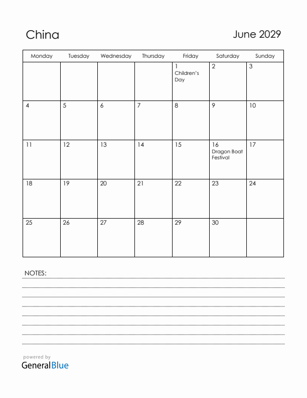June 2029 China Calendar with Holidays (Monday Start)