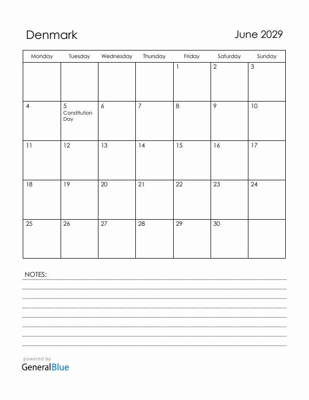 June 2029 Denmark Calendar with Holidays (Monday Start)