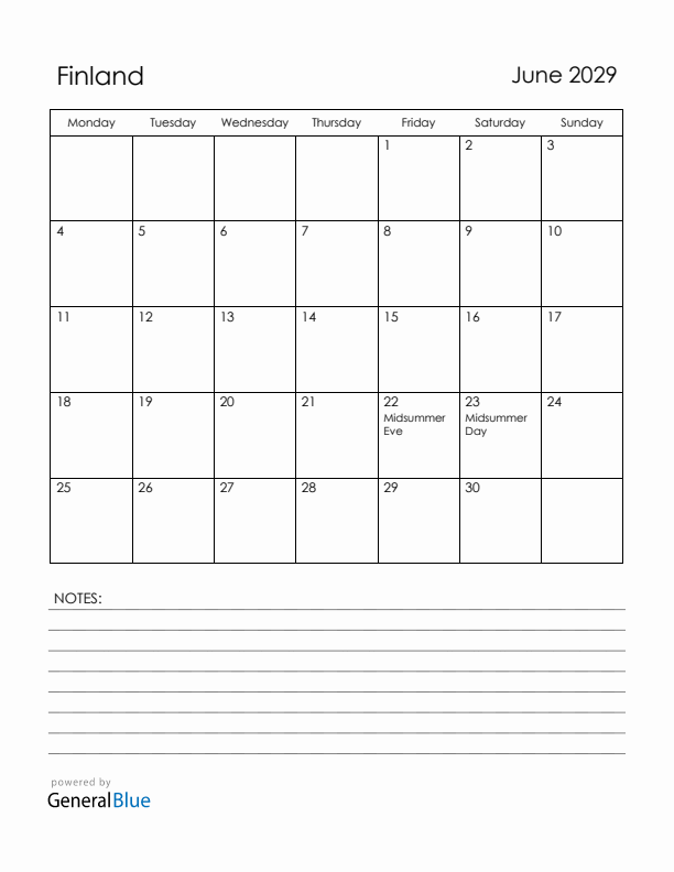 June 2029 Finland Calendar with Holidays (Monday Start)
