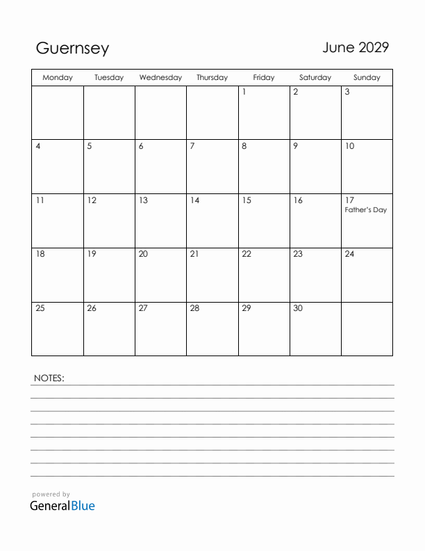 June 2029 Guernsey Calendar with Holidays (Monday Start)