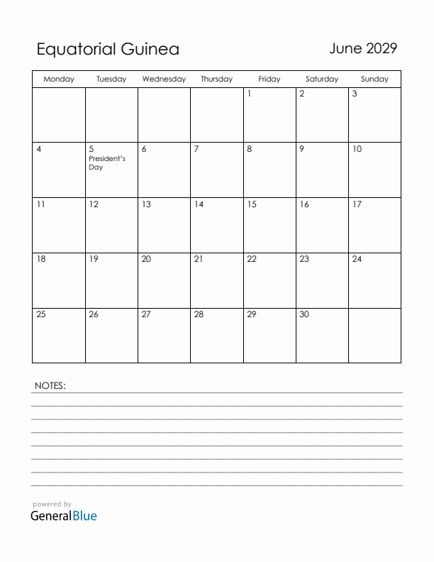 June 2029 Equatorial Guinea Calendar with Holidays (Monday Start)