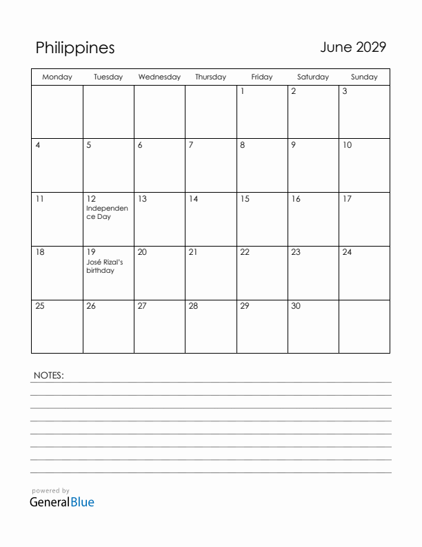 June 2029 Philippines Calendar with Holidays (Monday Start)