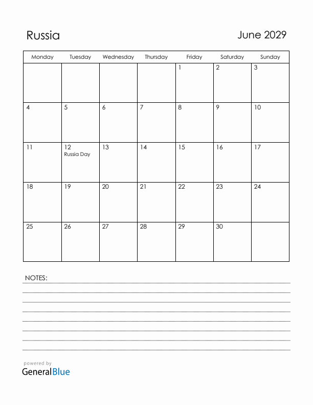 June 2029 Russia Calendar with Holidays (Monday Start)