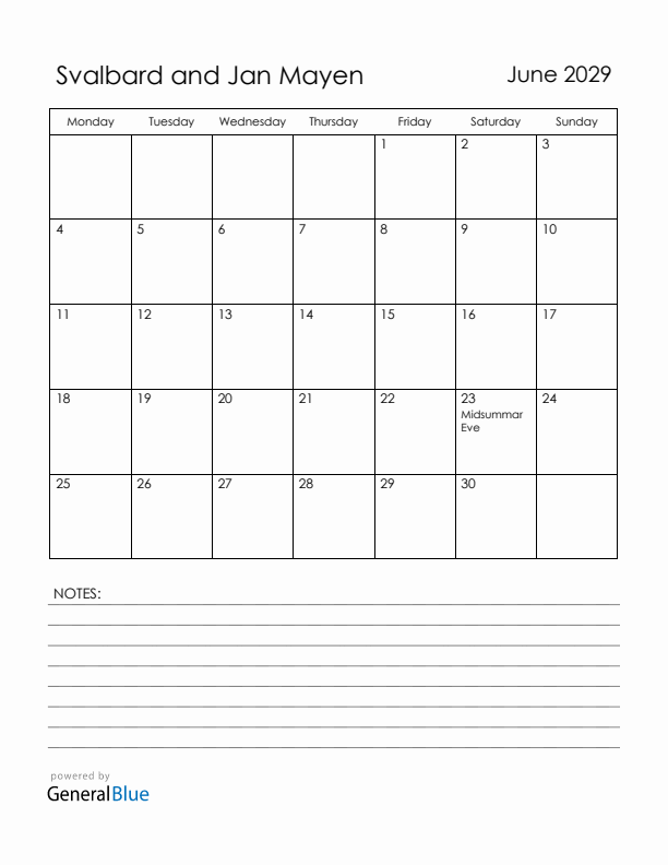 June 2029 Svalbard and Jan Mayen Calendar with Holidays (Monday Start)