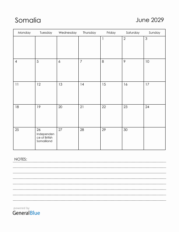 June 2029 Somalia Calendar with Holidays (Monday Start)