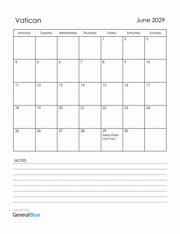 June 2029 Vatican Calendar with Holidays (Monday Start)