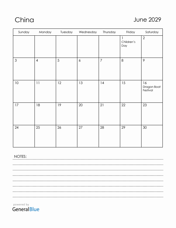 June 2029 China Calendar with Holidays (Sunday Start)
