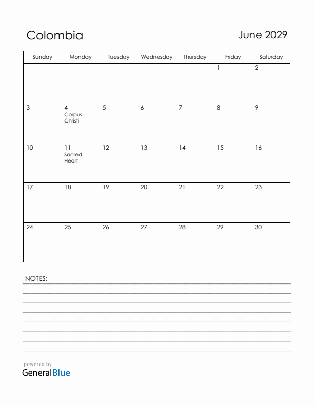 June 2029 Colombia Calendar with Holidays (Sunday Start)