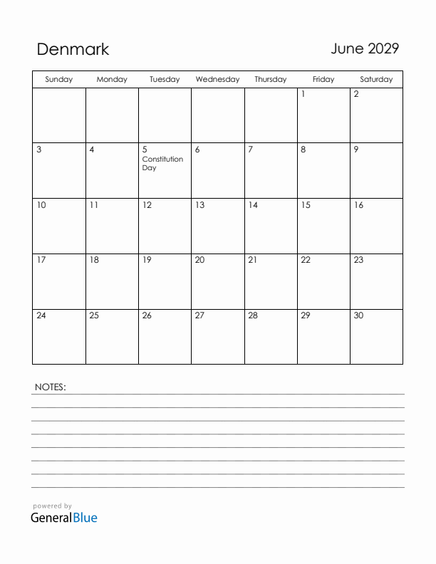 June 2029 Denmark Calendar with Holidays (Sunday Start)