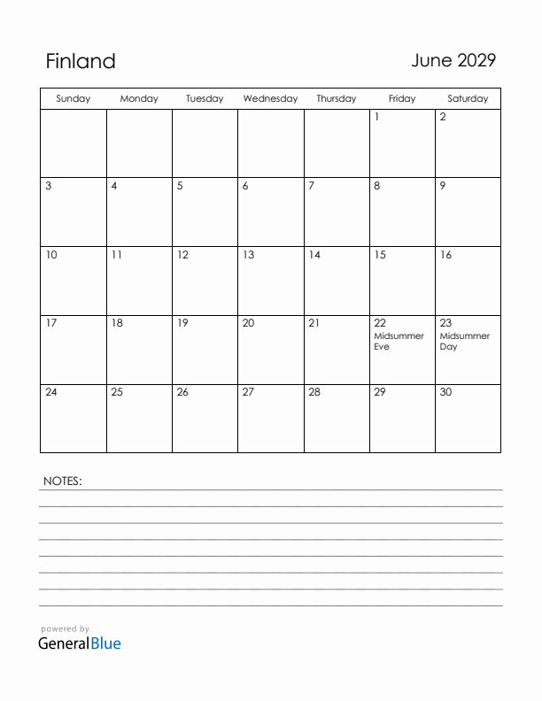 June 2029 Finland Calendar with Holidays (Sunday Start)