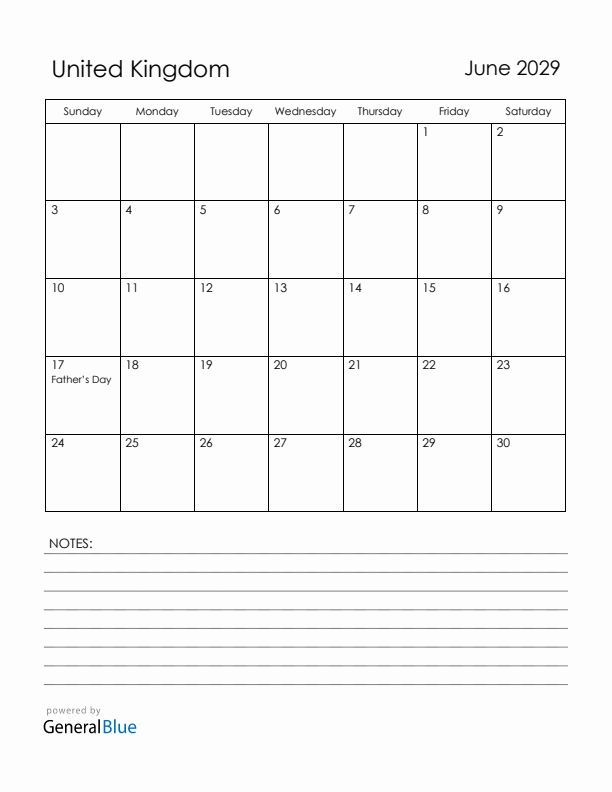 June 2029 United Kingdom Calendar with Holidays (Sunday Start)