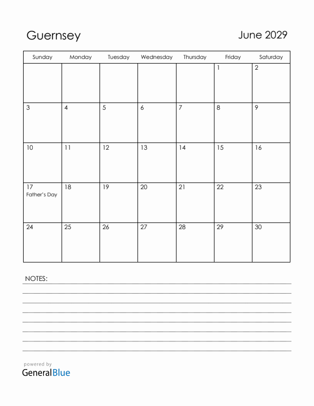 June 2029 Guernsey Calendar with Holidays (Sunday Start)