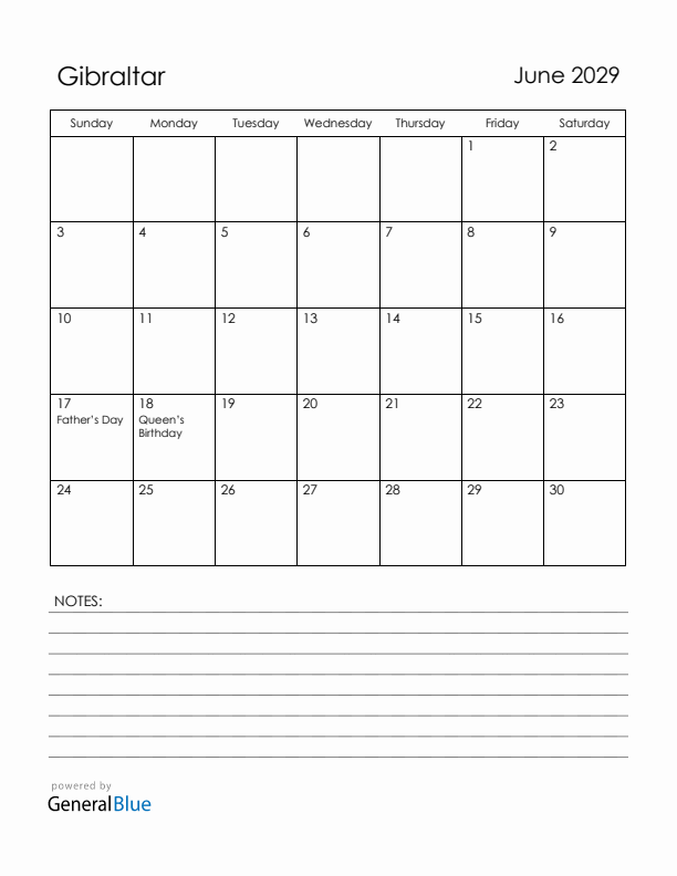 June 2029 Gibraltar Calendar with Holidays (Sunday Start)