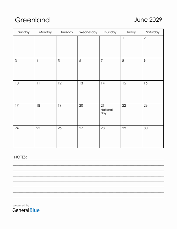 June 2029 Greenland Calendar with Holidays (Sunday Start)