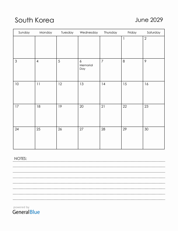 June 2029 South Korea Calendar with Holidays (Sunday Start)