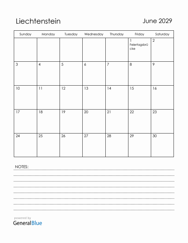 June 2029 Liechtenstein Calendar with Holidays (Sunday Start)