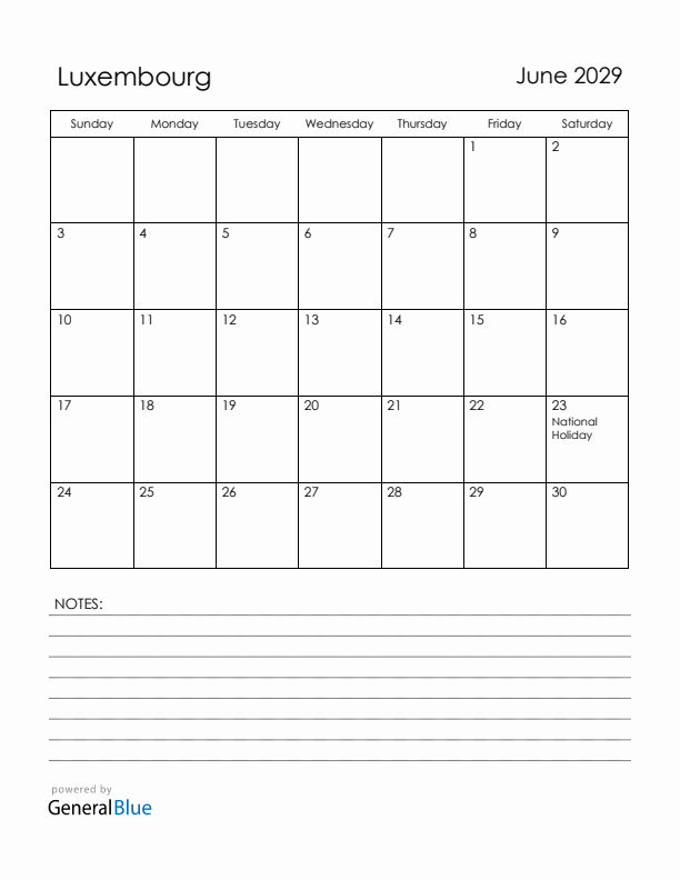 June 2029 Luxembourg Calendar with Holidays (Sunday Start)