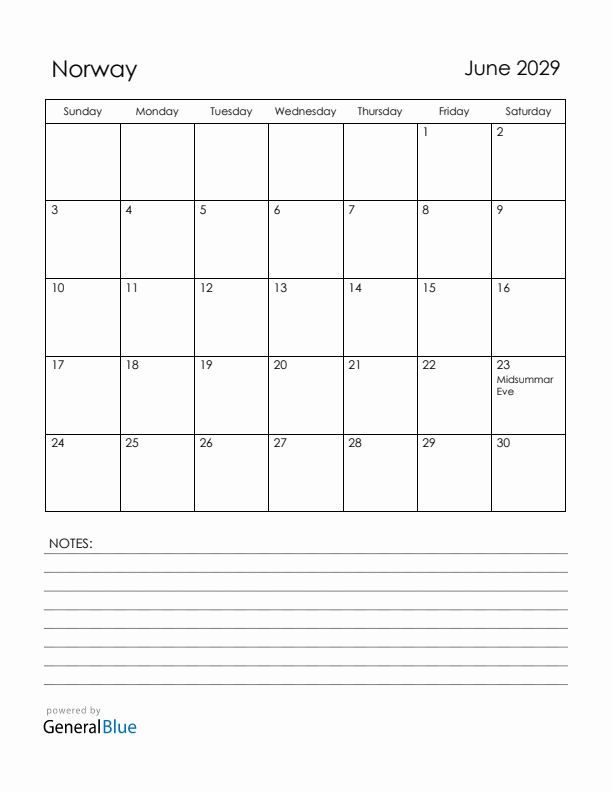 June 2029 Norway Calendar with Holidays (Sunday Start)