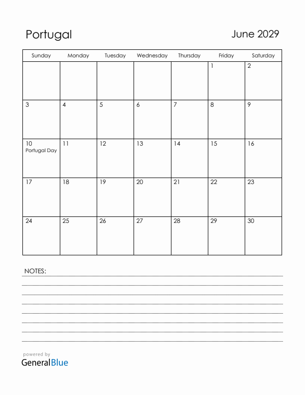 June 2029 Portugal Calendar with Holidays (Sunday Start)