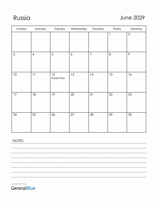 June 2029 Russia Calendar with Holidays (Sunday Start)