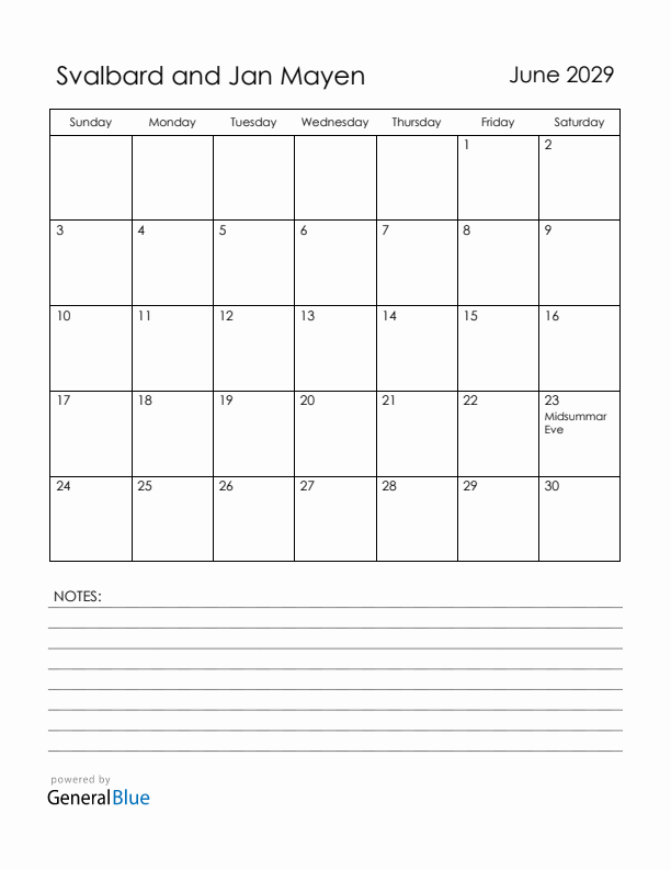 June 2029 Svalbard and Jan Mayen Calendar with Holidays (Sunday Start)