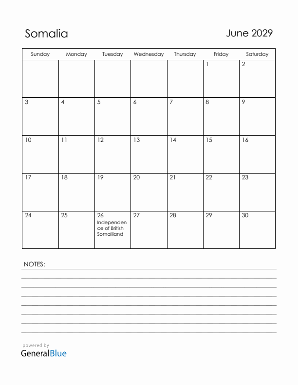 June 2029 Somalia Calendar with Holidays (Sunday Start)