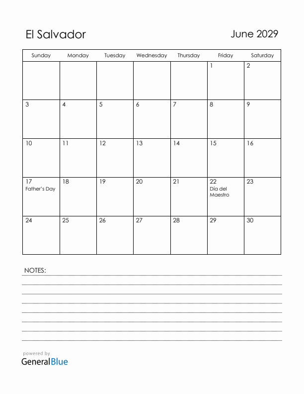 June 2029 El Salvador Calendar with Holidays (Sunday Start)