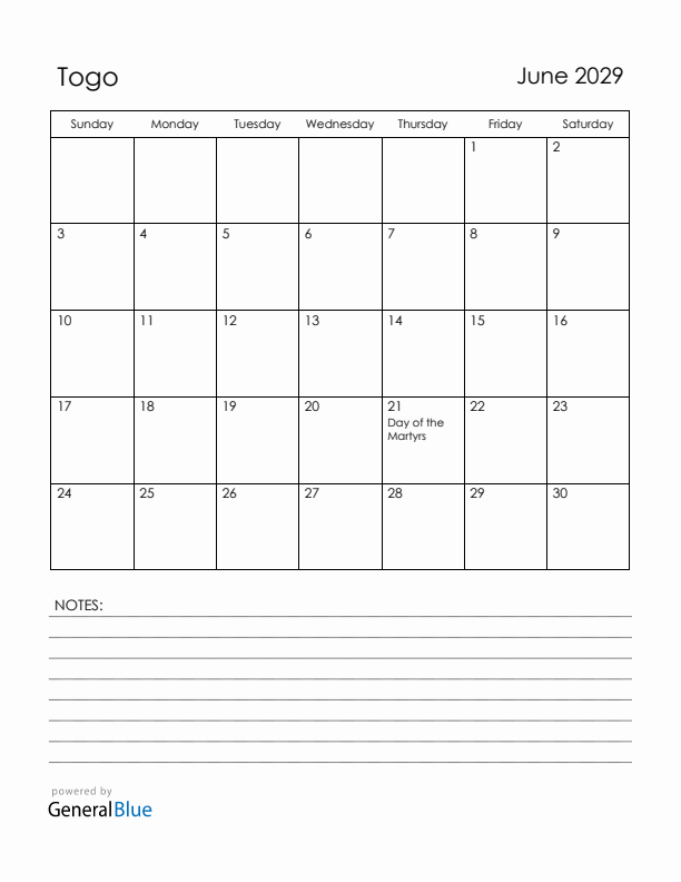 June 2029 Togo Calendar with Holidays (Sunday Start)