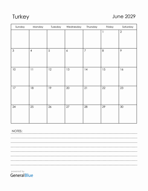 June 2029 Turkey Calendar with Holidays (Sunday Start)