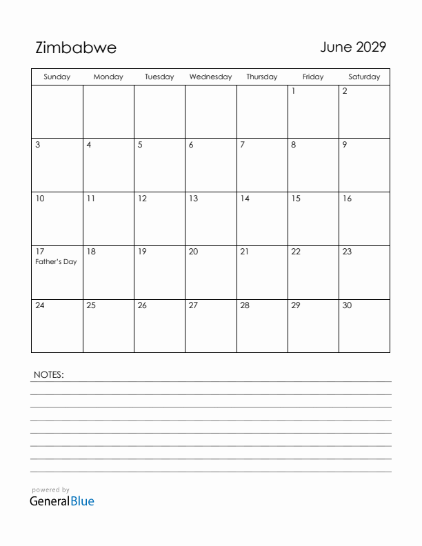 June 2029 Zimbabwe Calendar with Holidays (Sunday Start)