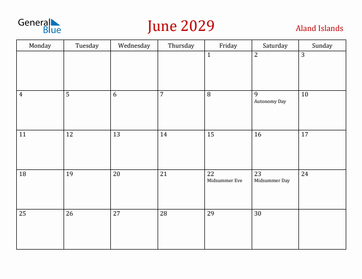 Aland Islands June 2029 Calendar - Monday Start