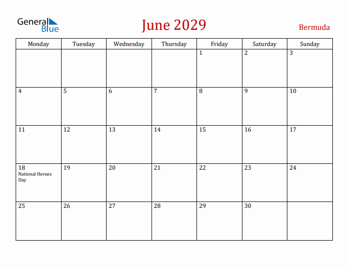 Bermuda June 2029 Calendar - Monday Start