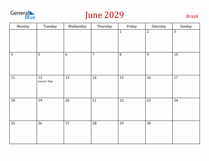 Brazil June 2029 Calendar - Monday Start