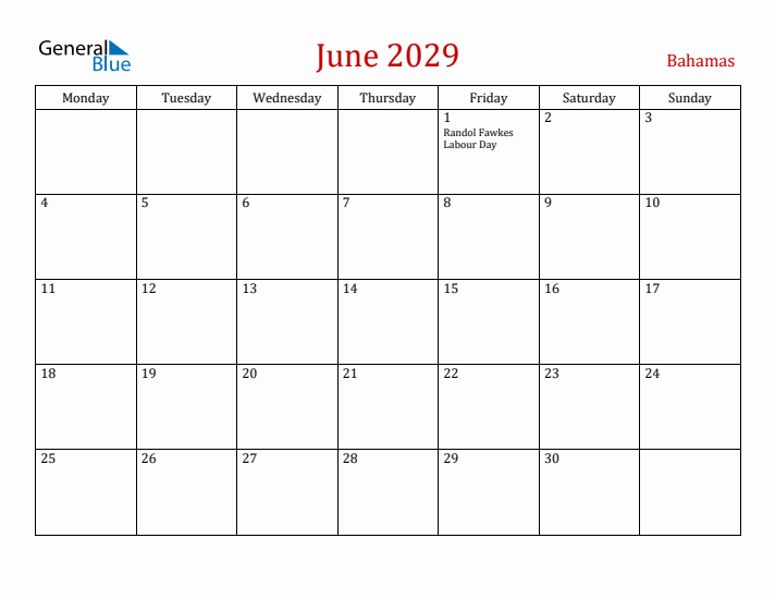 Bahamas June 2029 Calendar - Monday Start