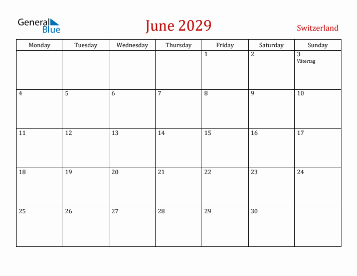 Switzerland June 2029 Calendar - Monday Start