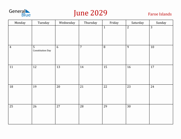 Faroe Islands June 2029 Calendar - Monday Start