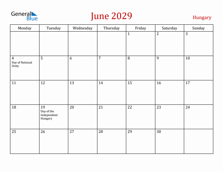 Hungary June 2029 Calendar - Monday Start