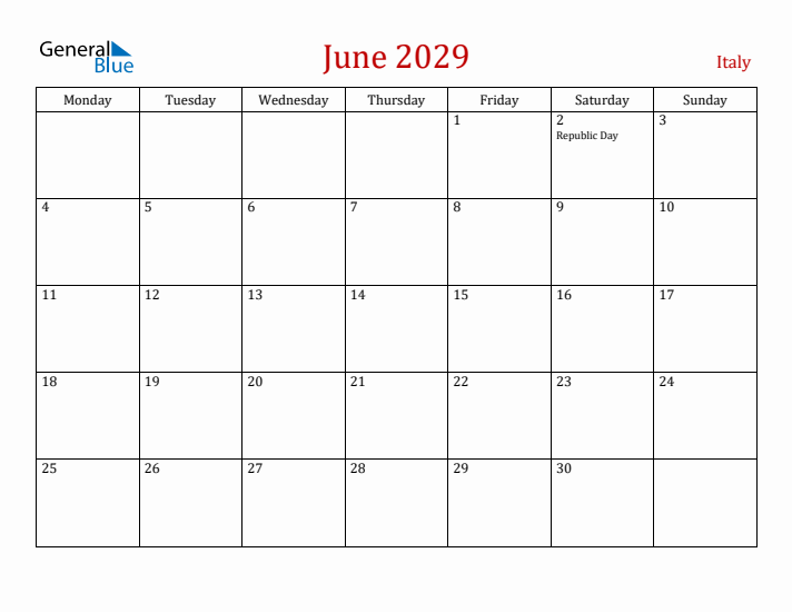 Italy June 2029 Calendar - Monday Start