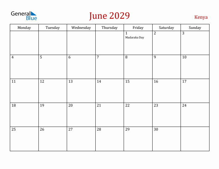 Kenya June 2029 Calendar - Monday Start