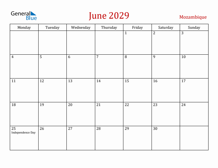 Mozambique June 2029 Calendar - Monday Start