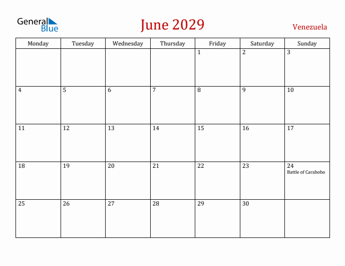 Venezuela June 2029 Calendar - Monday Start