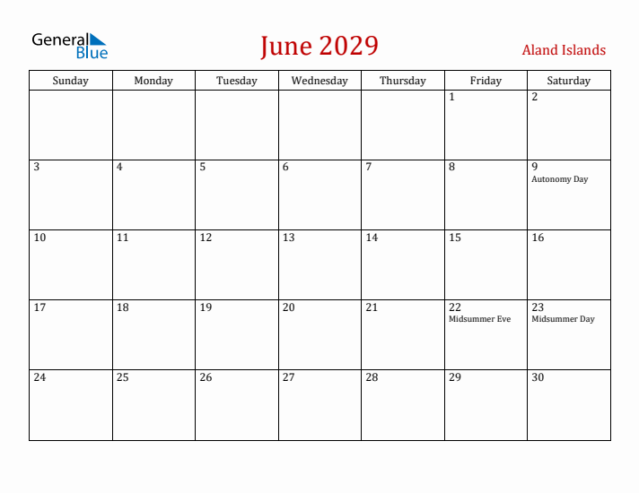 Aland Islands June 2029 Calendar - Sunday Start