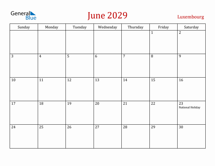 Luxembourg June 2029 Calendar - Sunday Start