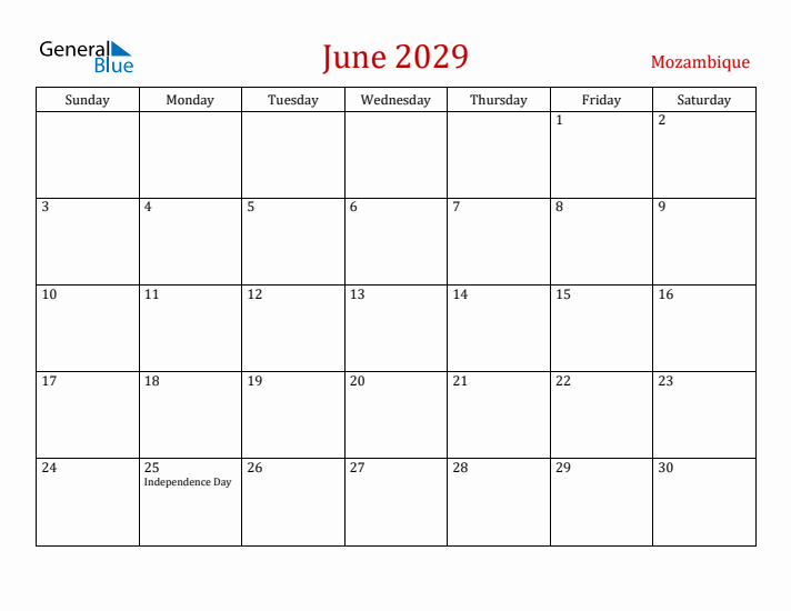 Mozambique June 2029 Calendar - Sunday Start