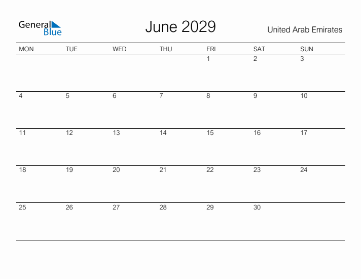 Printable June 2029 Calendar for United Arab Emirates