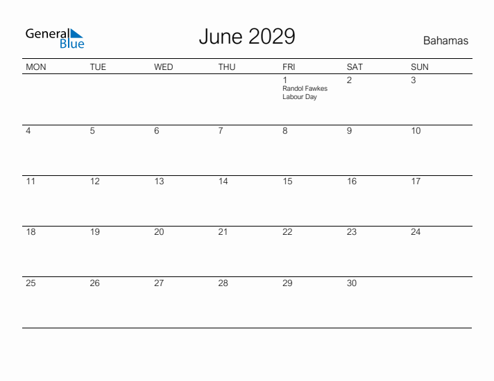 Printable June 2029 Calendar for Bahamas