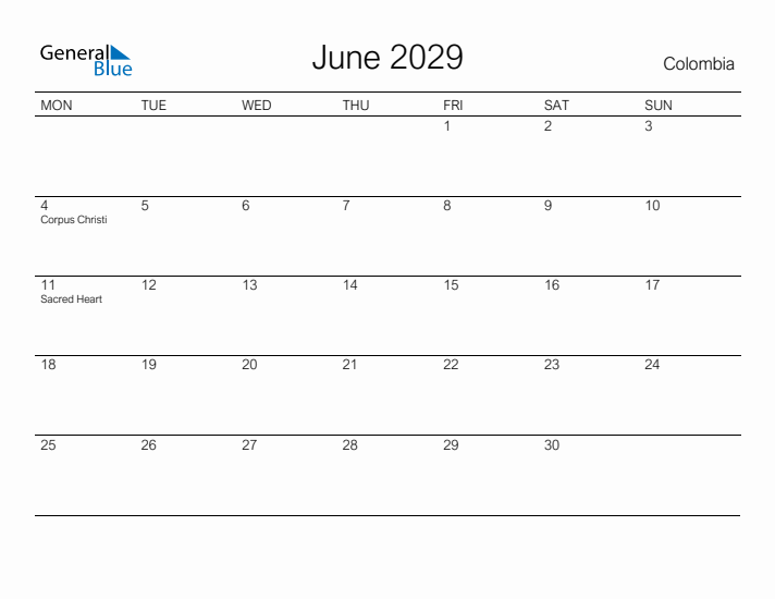 Printable June 2029 Calendar for Colombia