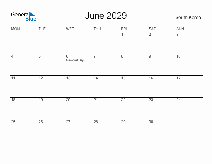 Printable June 2029 Calendar for South Korea